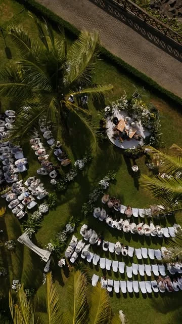 Pernikahan outdoor di taman dengan kursi putih dan pepohonan tropis